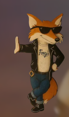 Foxy, the pizza mascot, wearing sunglasses and a leather jacket